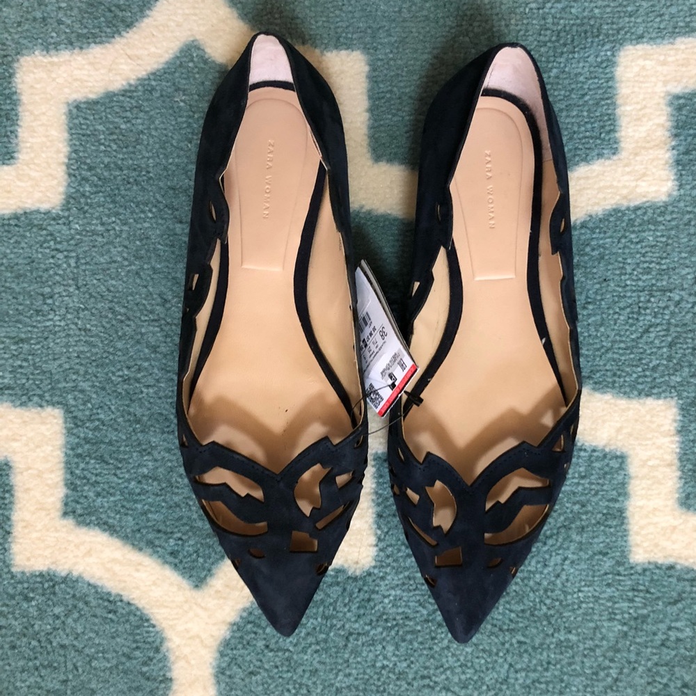 Zara Navy laser-cut leather flats